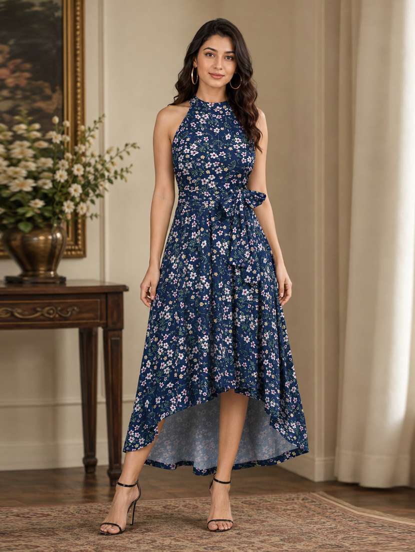 women floral printed halter neck high low dress