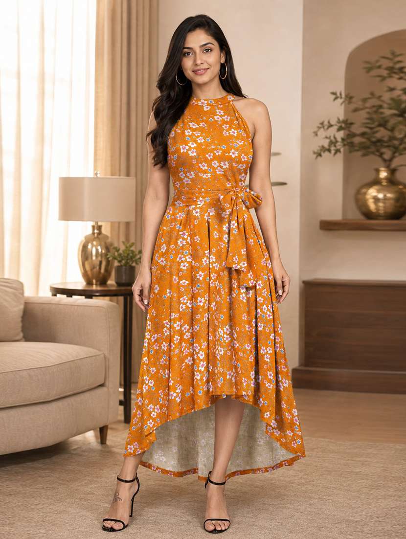 women printed halter neck high low dress