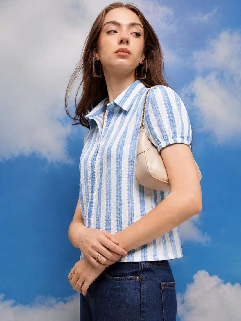 Women Striped Puff Sleeves Regular Fit Shirt - 22639250 -  Standard Image - 2