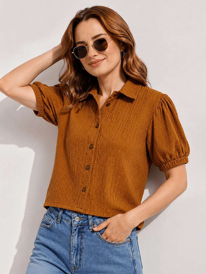 women self design puff sleeves regular fit shirt