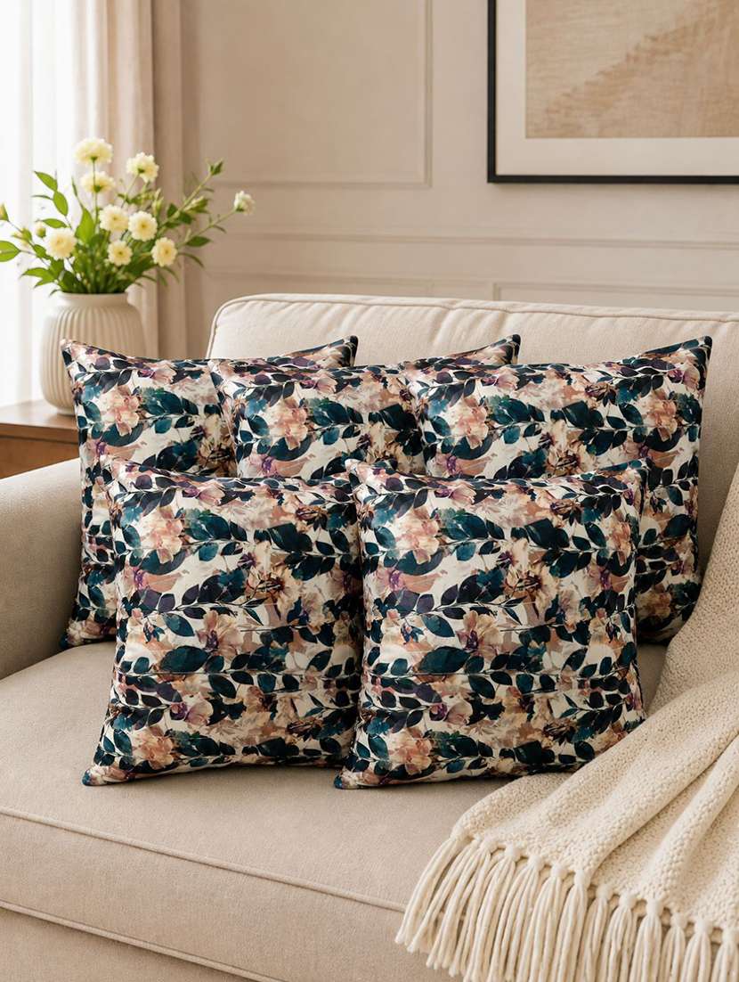 set of 5 teal blue & blush pink floral printed square cushion covers