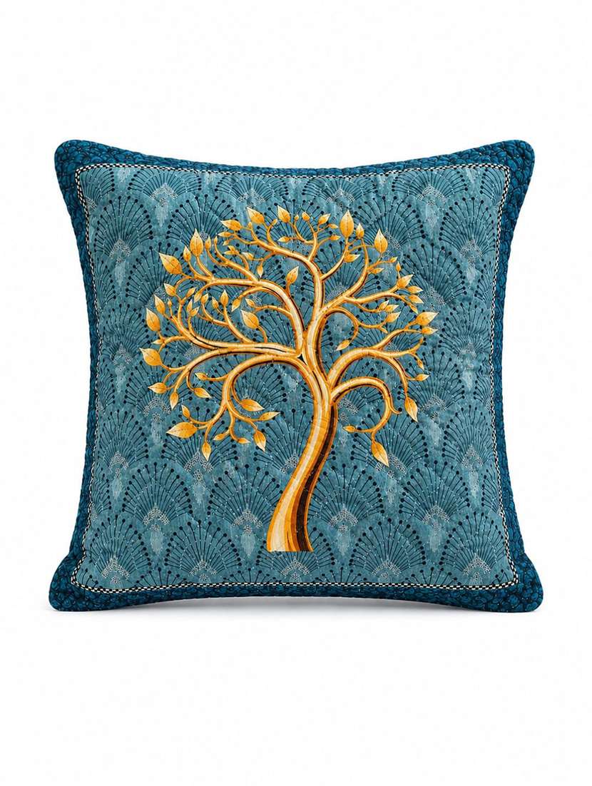 set of 2 teal blue printed square cushion covers with gold tree motif - 22639306 -  Standard Image - 2