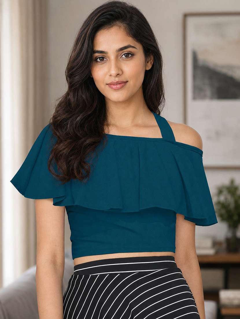 women solid cold shoulder crop top