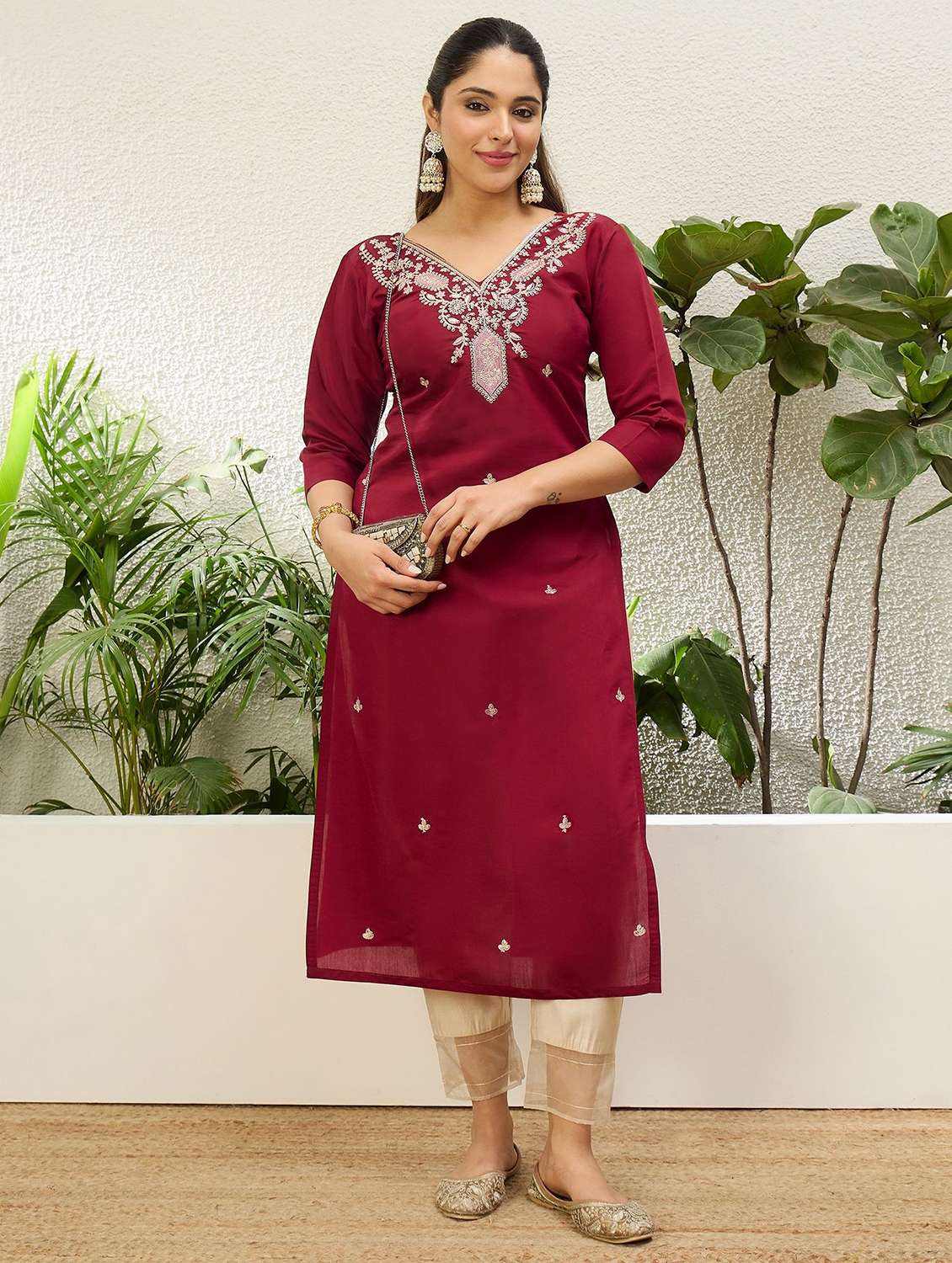 women solid with work three quarter sleeve straight kurta - 22639728 -  Standard Image - 2