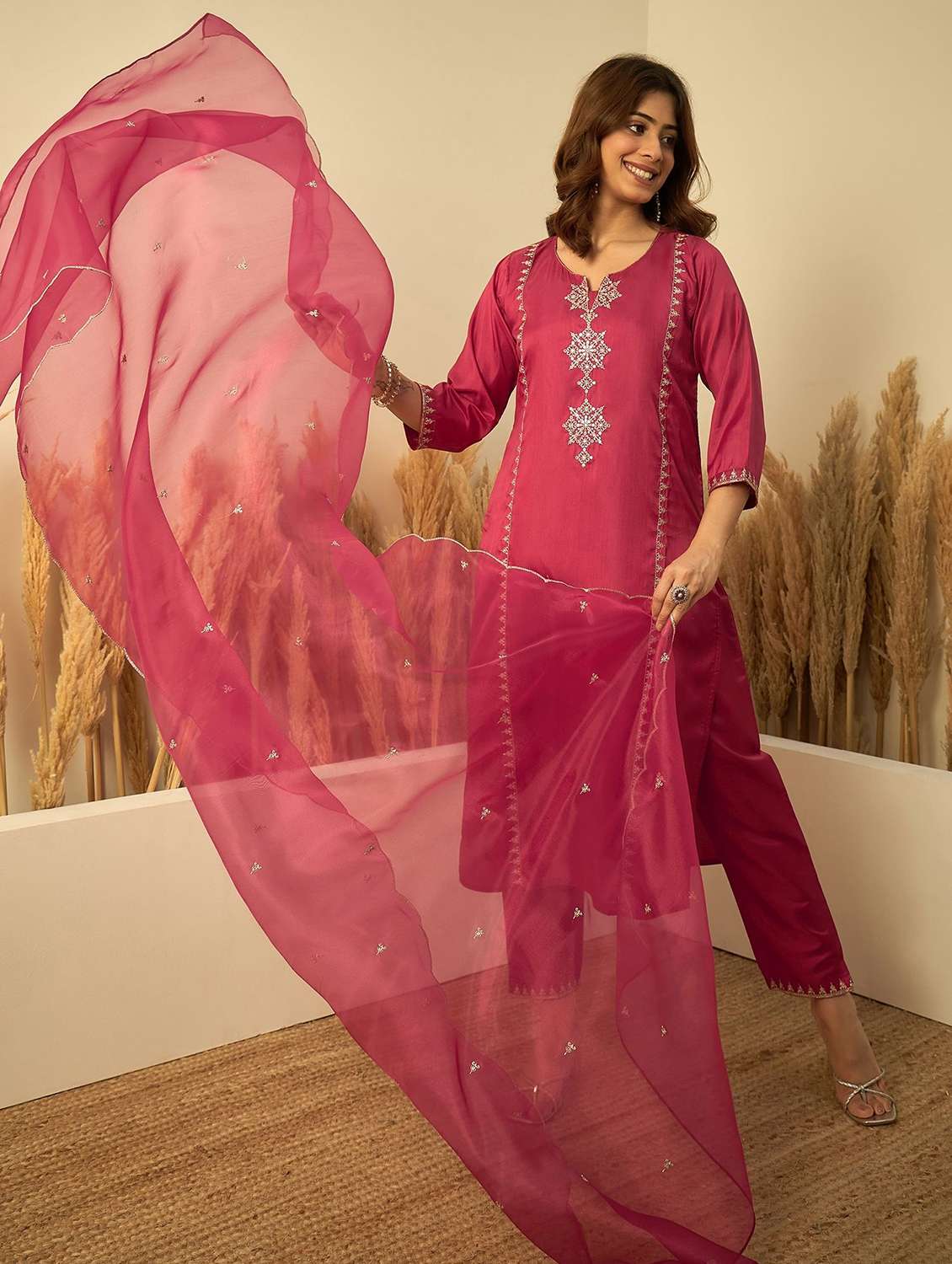 Women Solid With Work Three Quarter Sleeve Kurta Pant With Dupatta Set - 22639734 -  Standard Image - 2