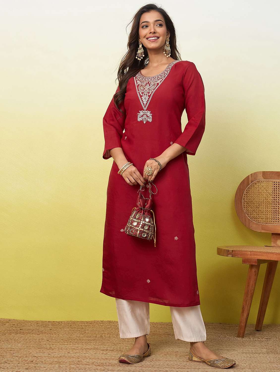 women solid with work three quarter sleeve straight kurta