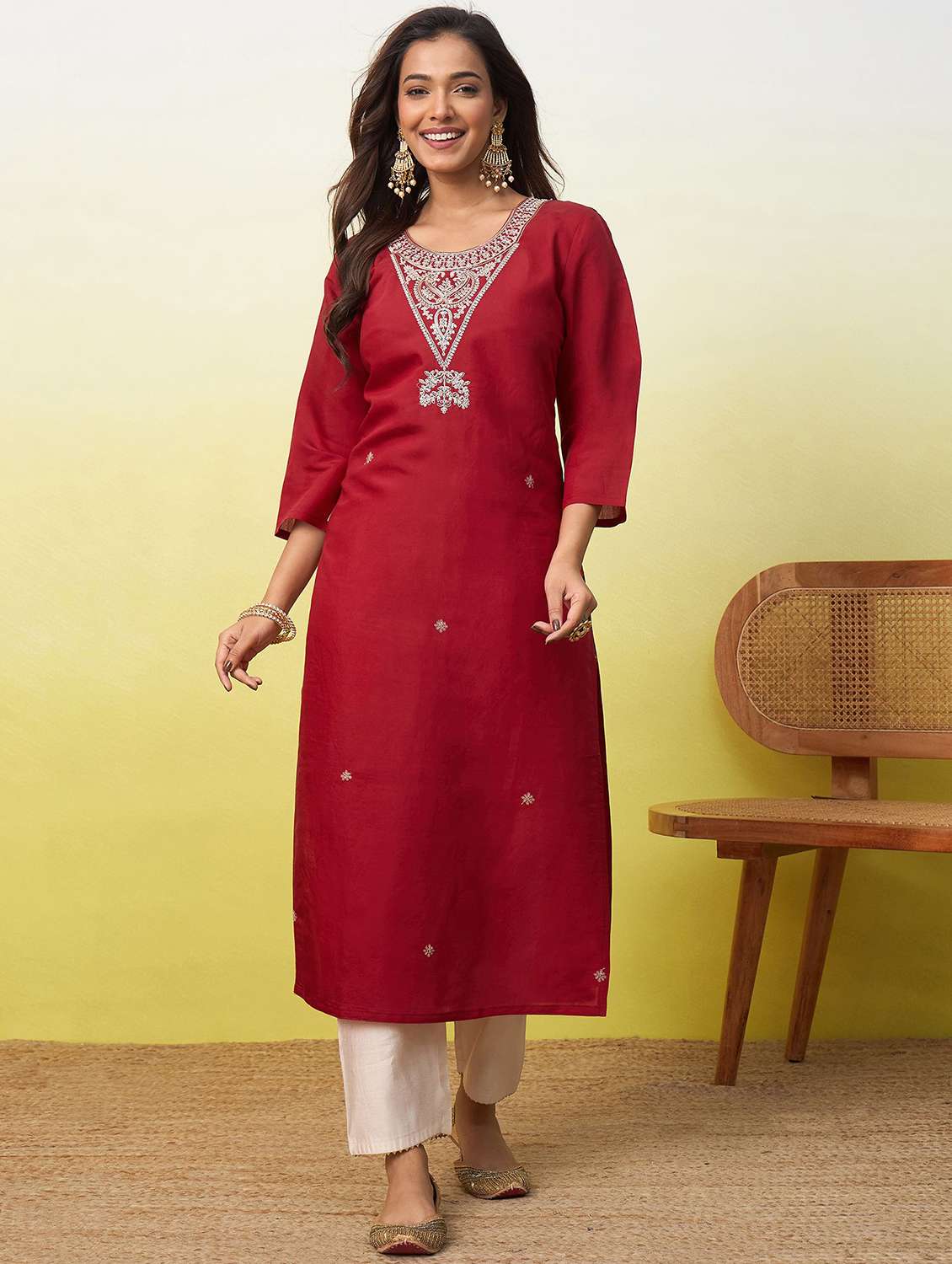Women Solid With Work Three Quarter Sleeve Straight Kurta - 22639735 -  Standard Image - 2