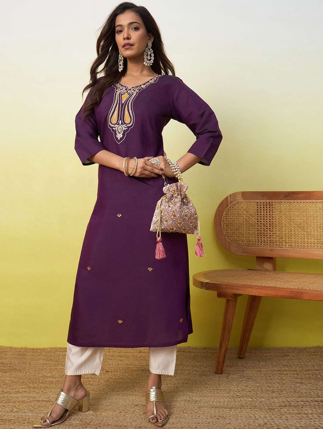 women solid with work three quarter sleeve straight kurta