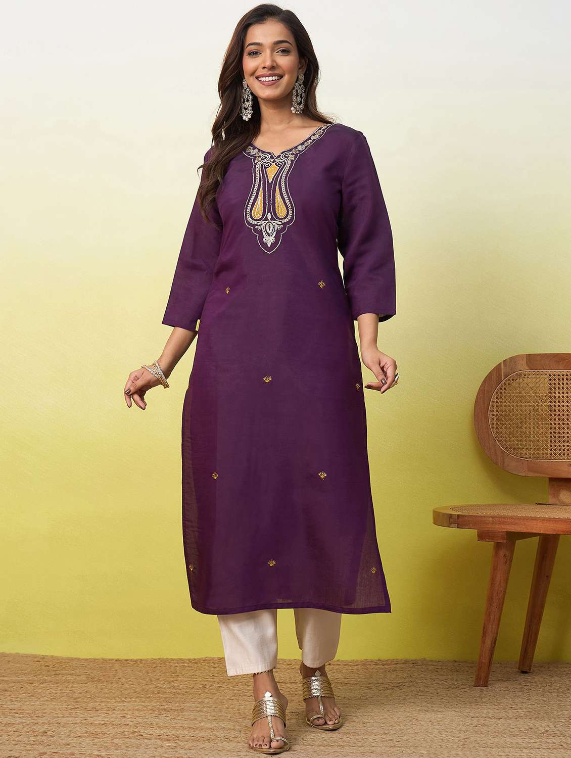 women solid with work three quarter sleeve straight kurta - 22639736 -  Standard Image - 2