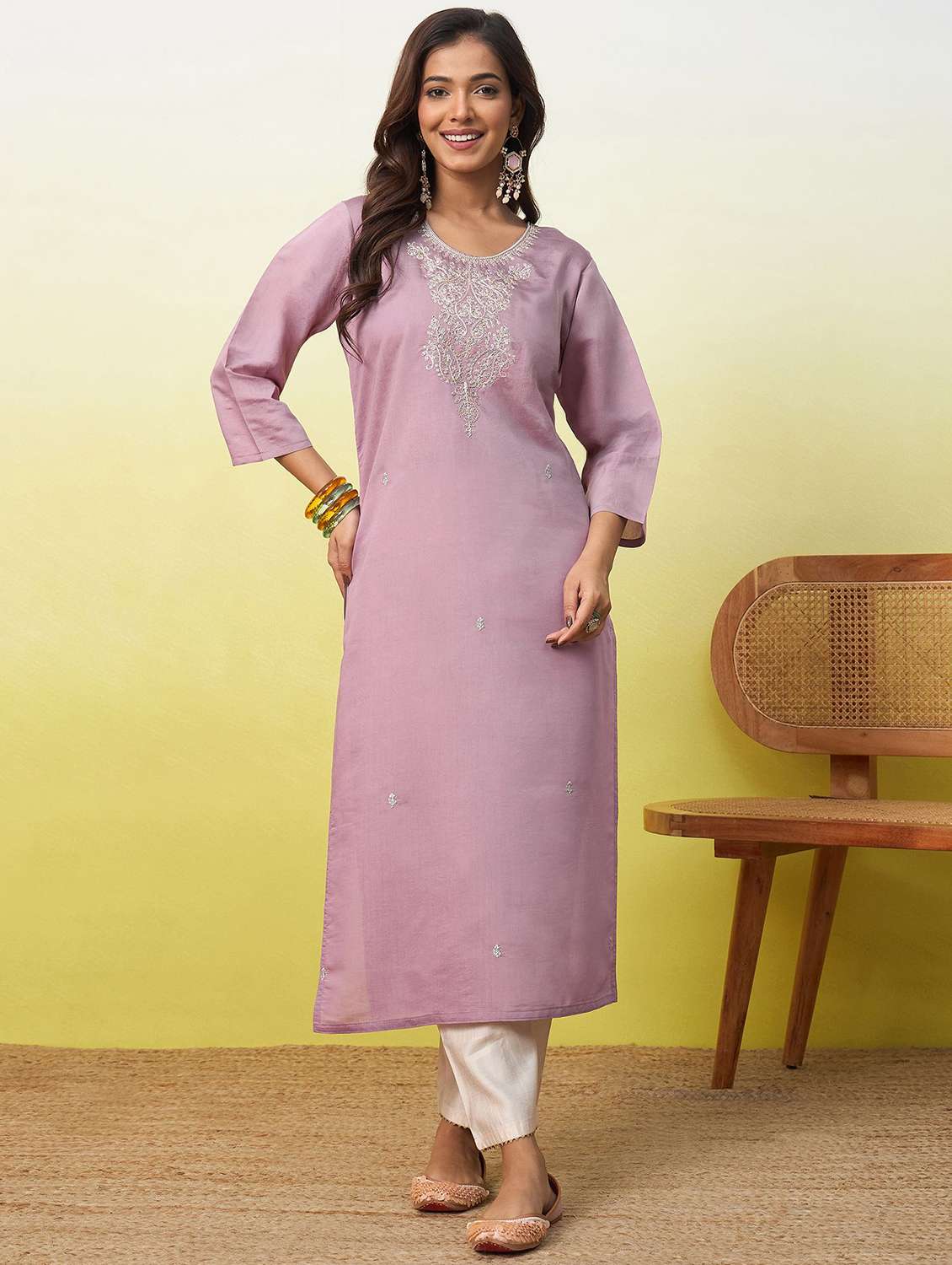 women solid with work three quarter sleeve straight kurta - 22639737 -  Standard Image - 2