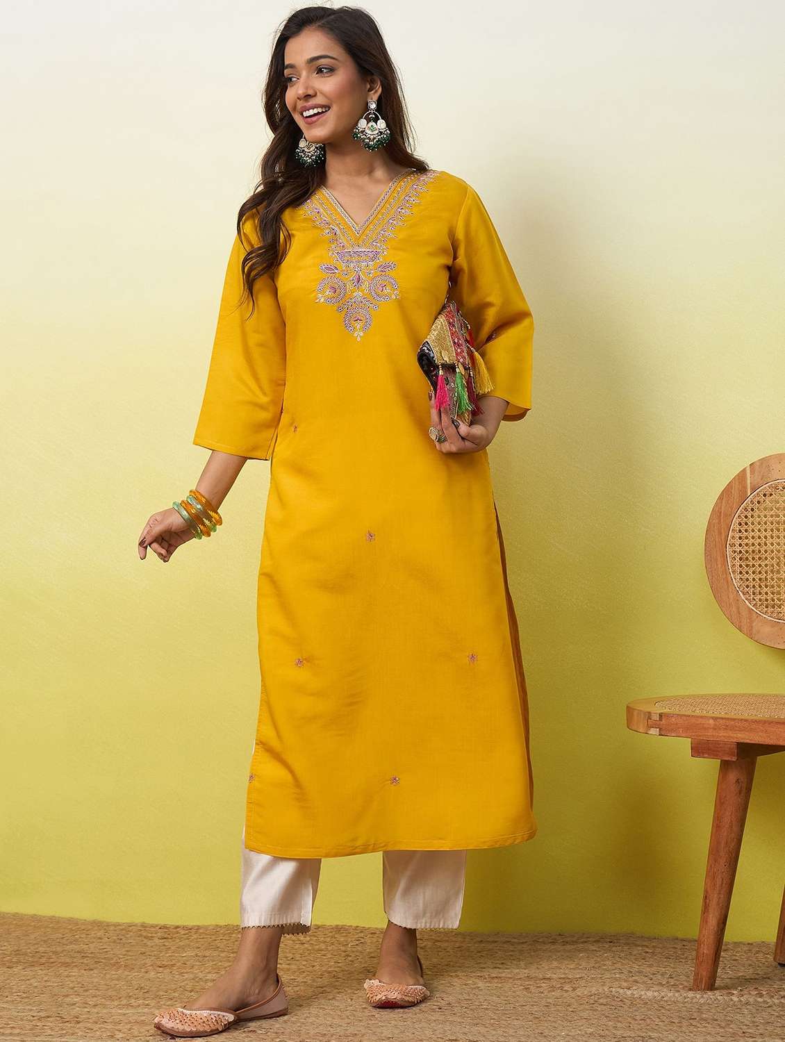women solid with work three quarter sleeve straight kurta