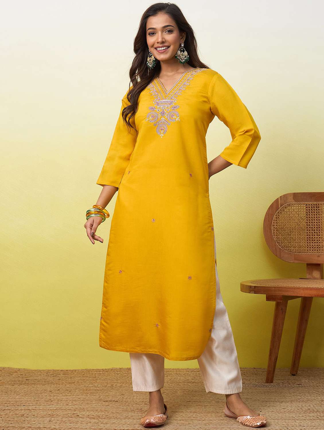 women solid with work three quarter sleeve straight kurta - 22639738 -  Standard Image - 2