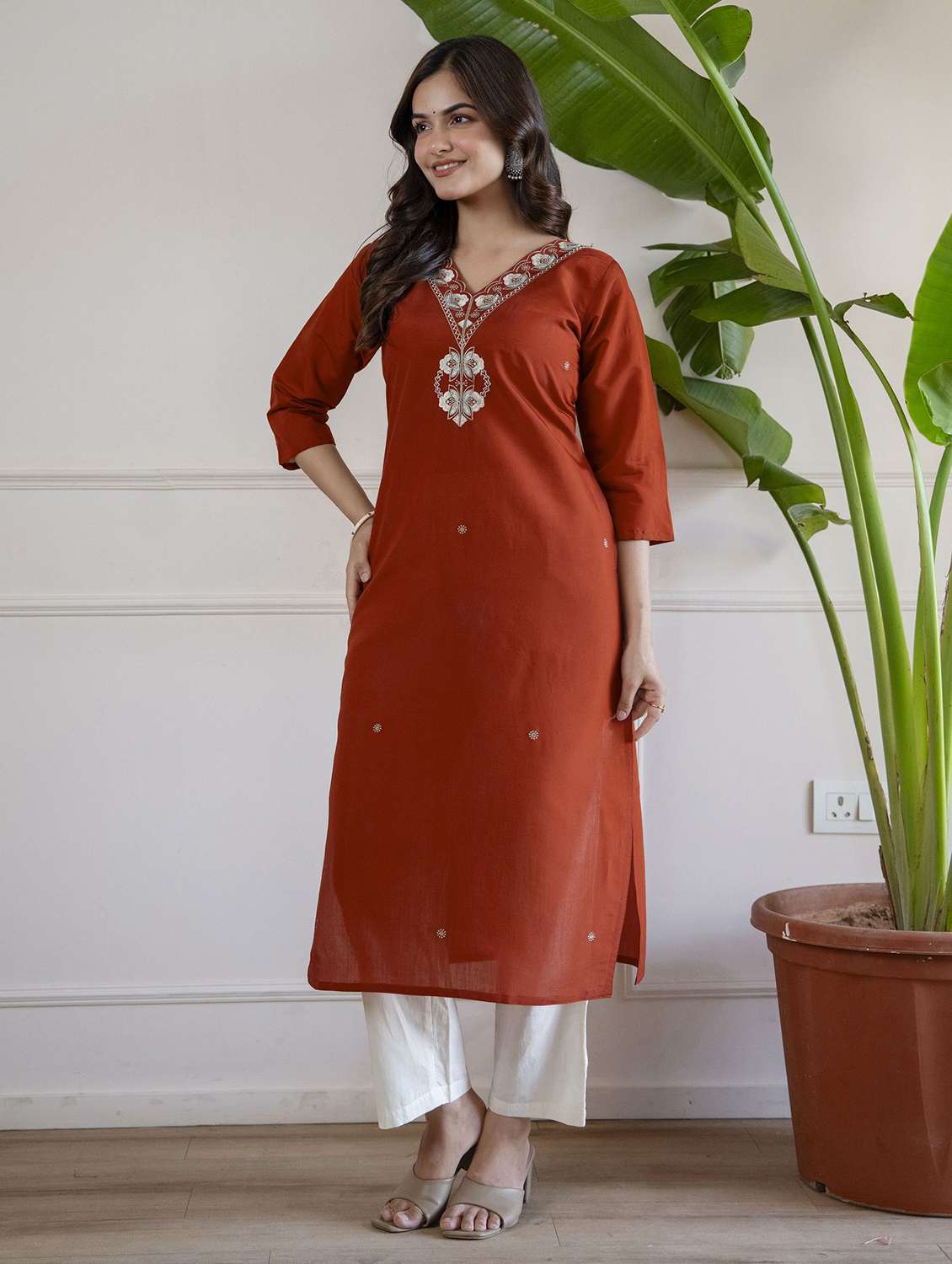 women solid with work three quarter sleeve straight kurta - 22639739 -  Standard Image - 2
