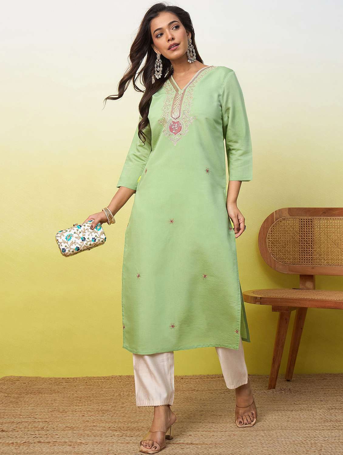 women solid with work three quarter sleeve straight kurta - 22639740 -  Standard Image - 2