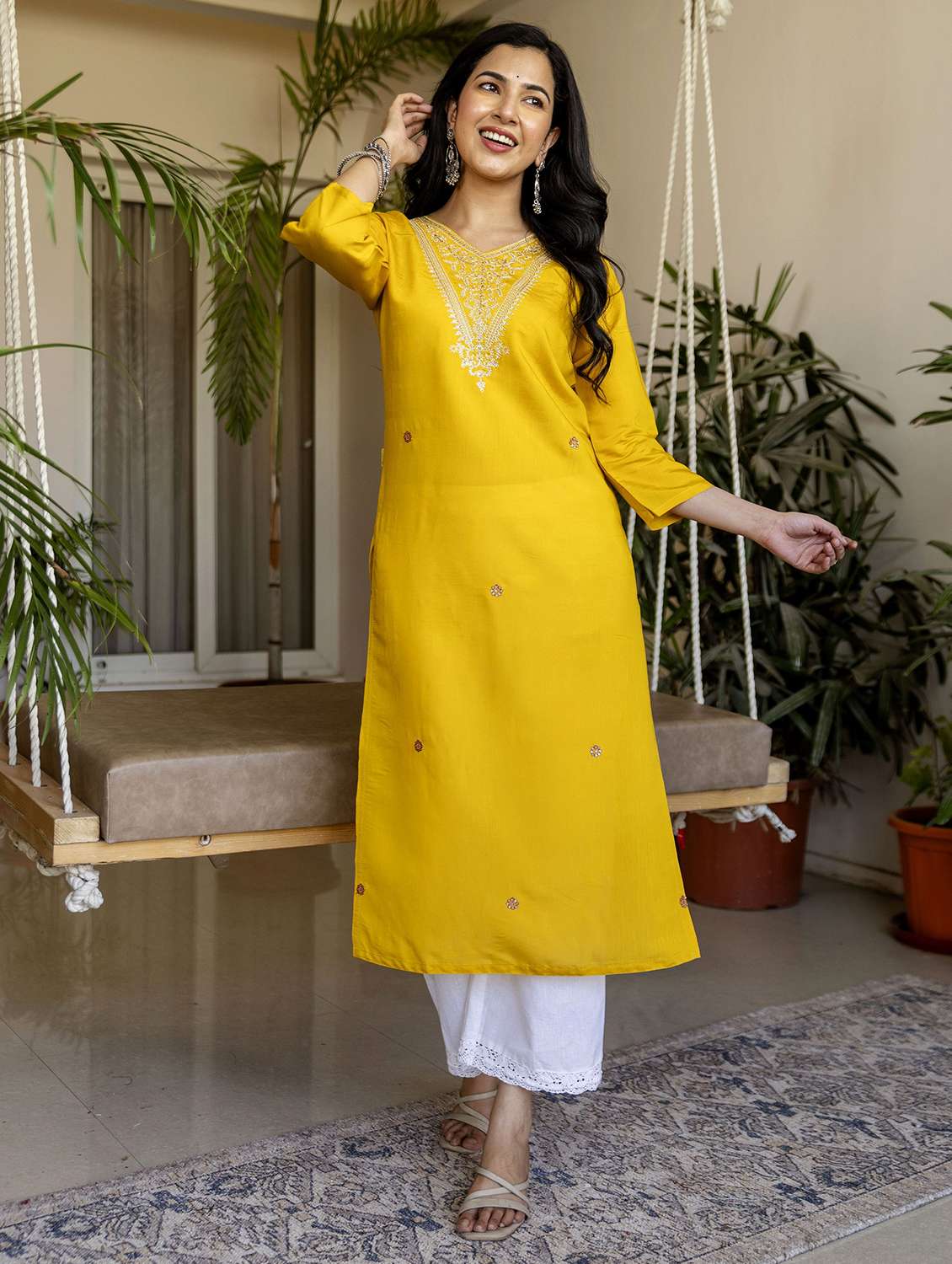 women solid with work three quarter sleeve straight kurta - 22639741 -  Standard Image - 2