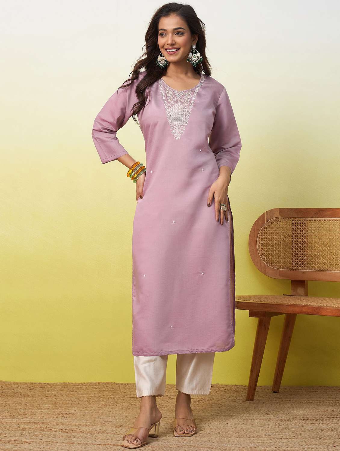 women solid with work three quarter sleeve straight kurta - 22639743 -  Standard Image - 2