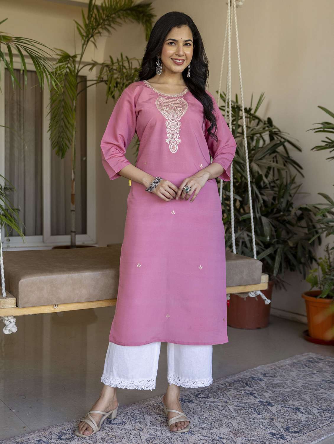 women solid with work three quarter sleeve straight kurta