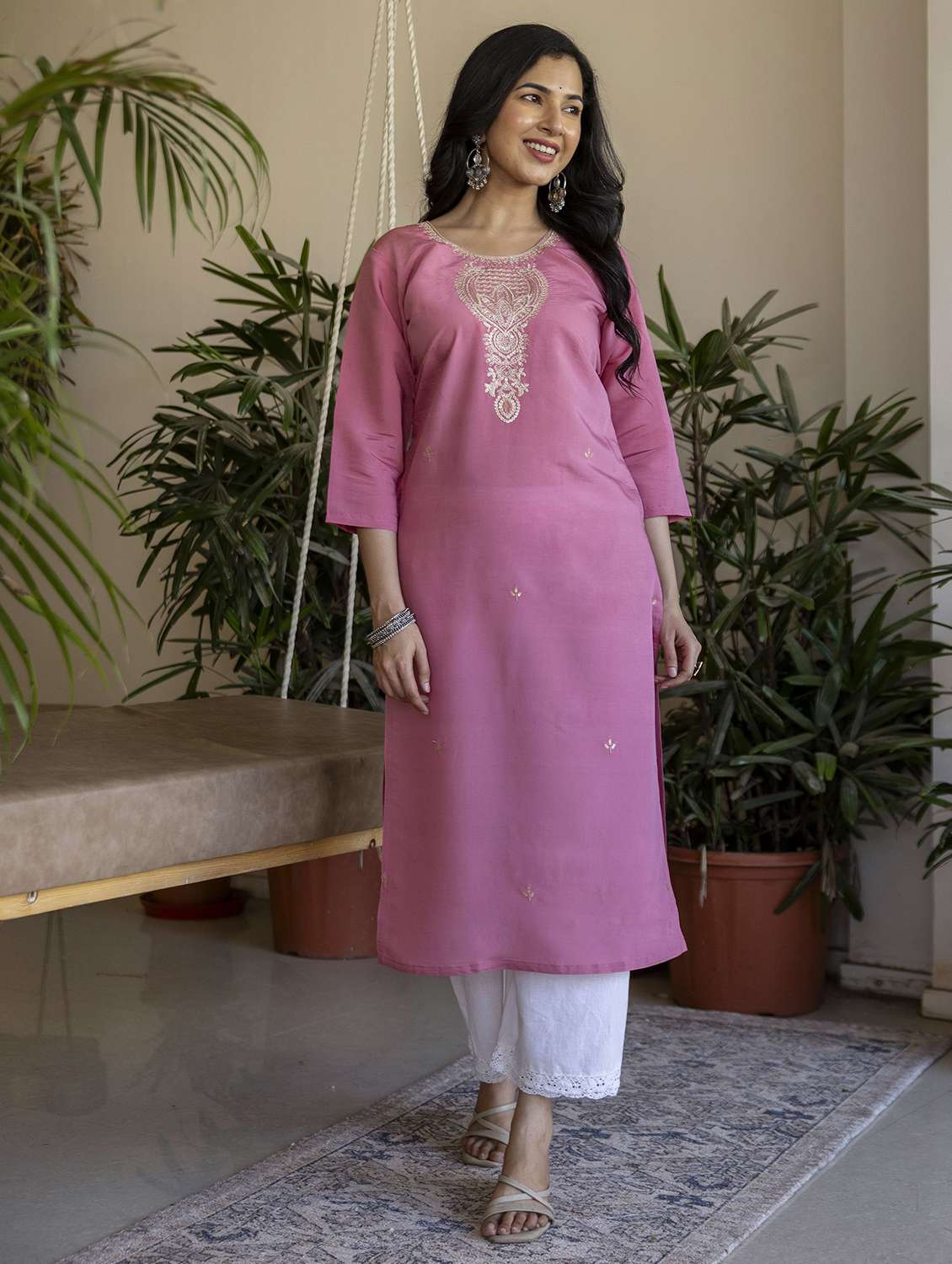 women solid with work three quarter sleeve straight kurta - 22639744 -  Standard Image - 2