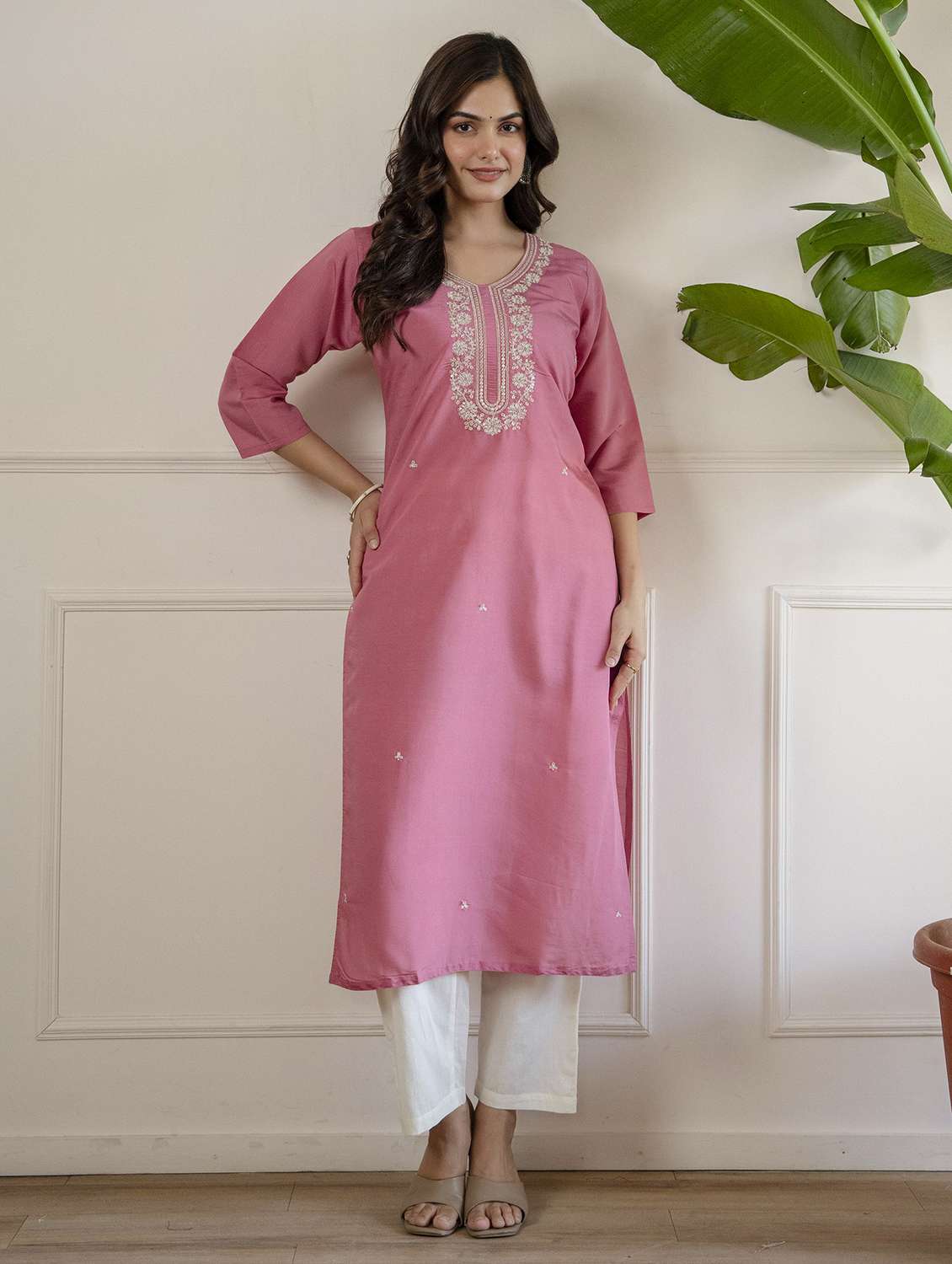 women solid with work three quarter sleeve straight kurta - 22639745 -  Standard Image - 2
