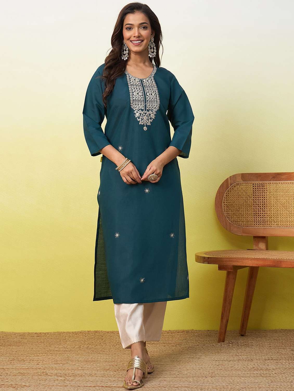 women solid with work three quarter sleeve straight kurta