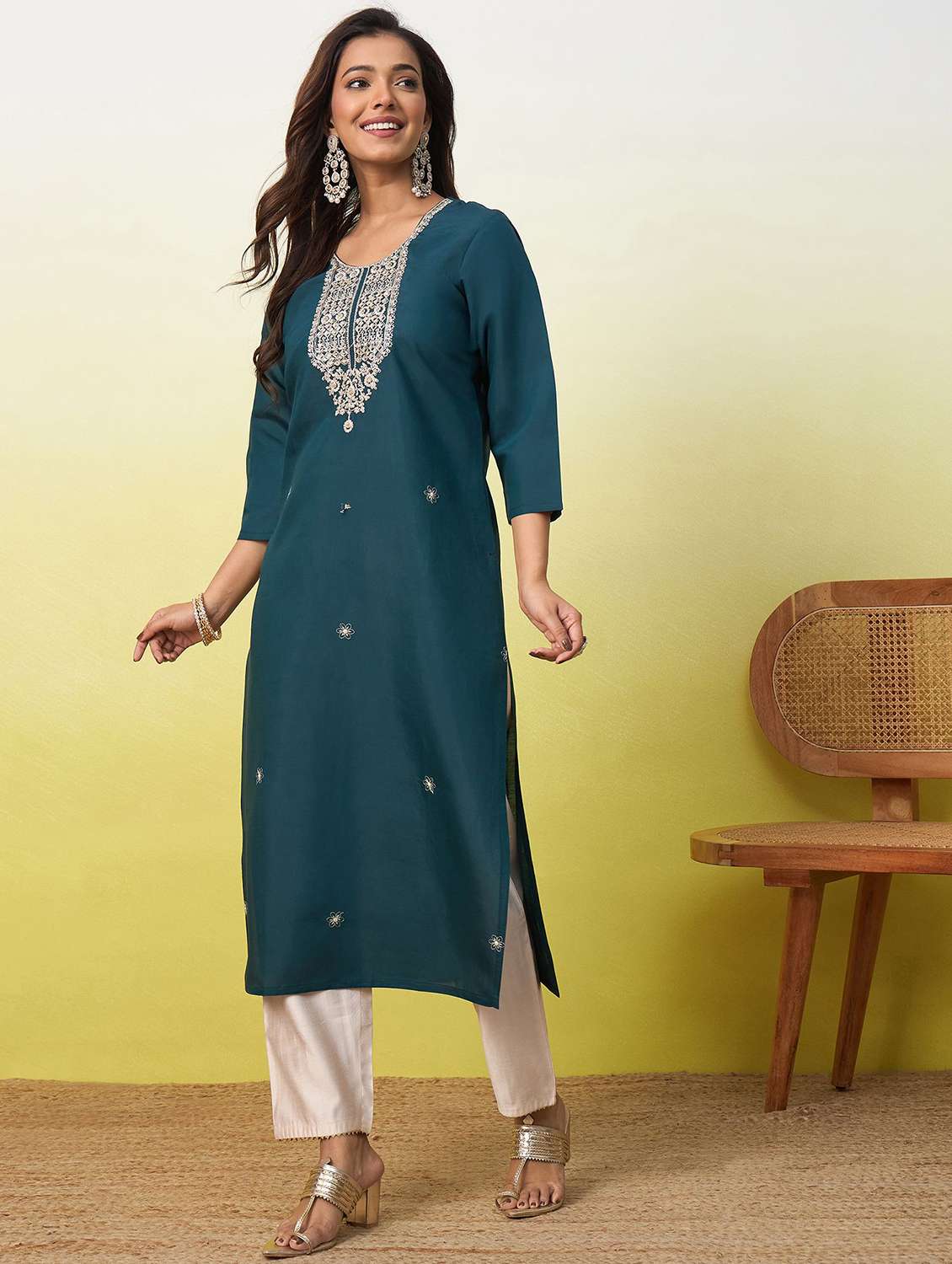 women solid with work three quarter sleeve straight kurta - 22639746 -  Standard Image - 2