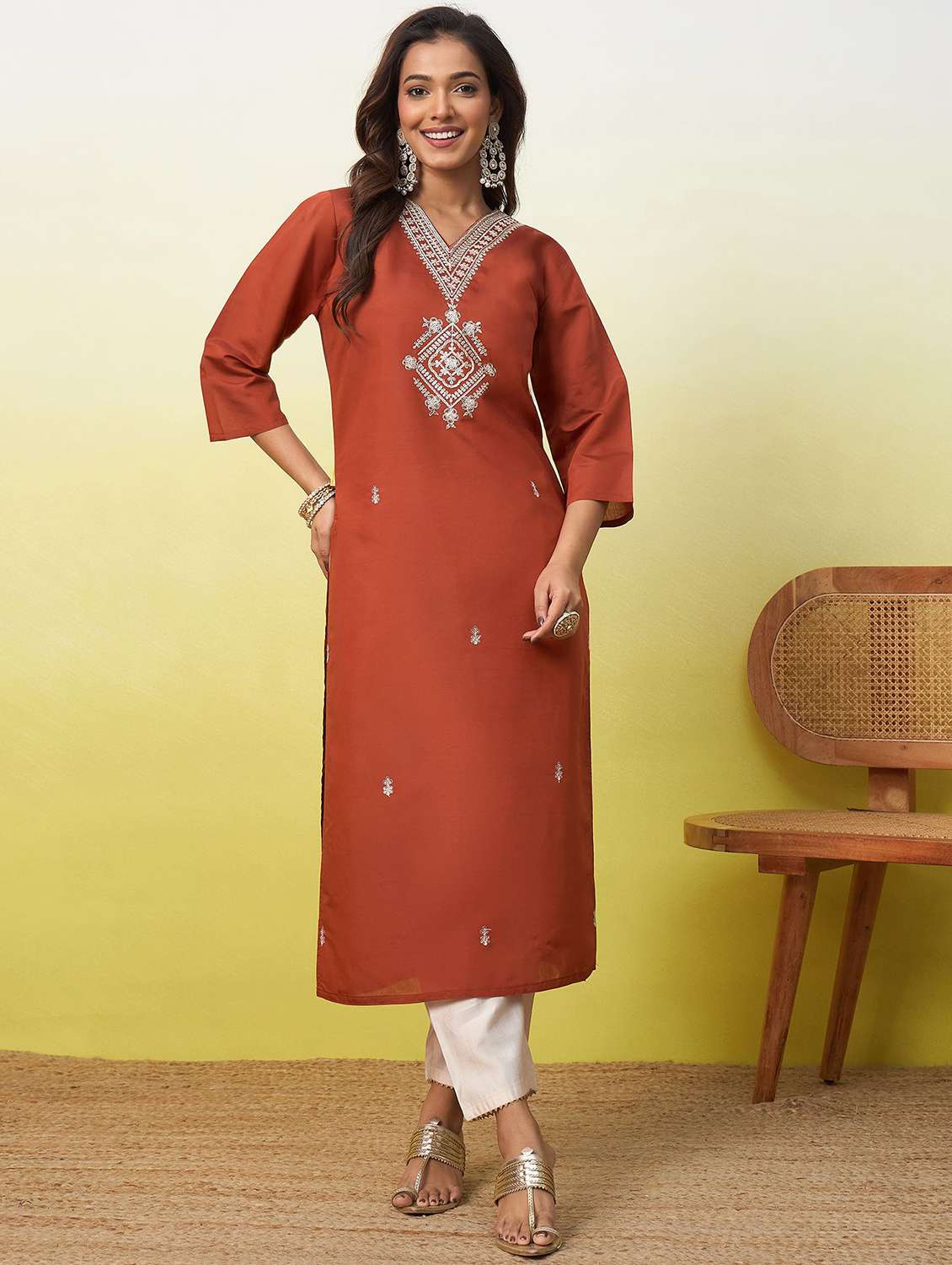 women solid with work three quarter sleeve straight kurta - 22639747 -  Standard Image - 2