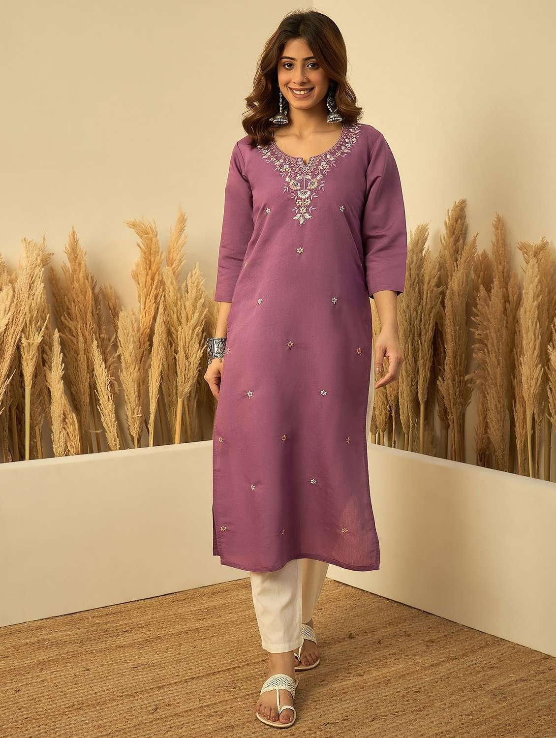 women solid with work three quarter sleeve straight kurta - 22639750 -  Standard Image - 2
