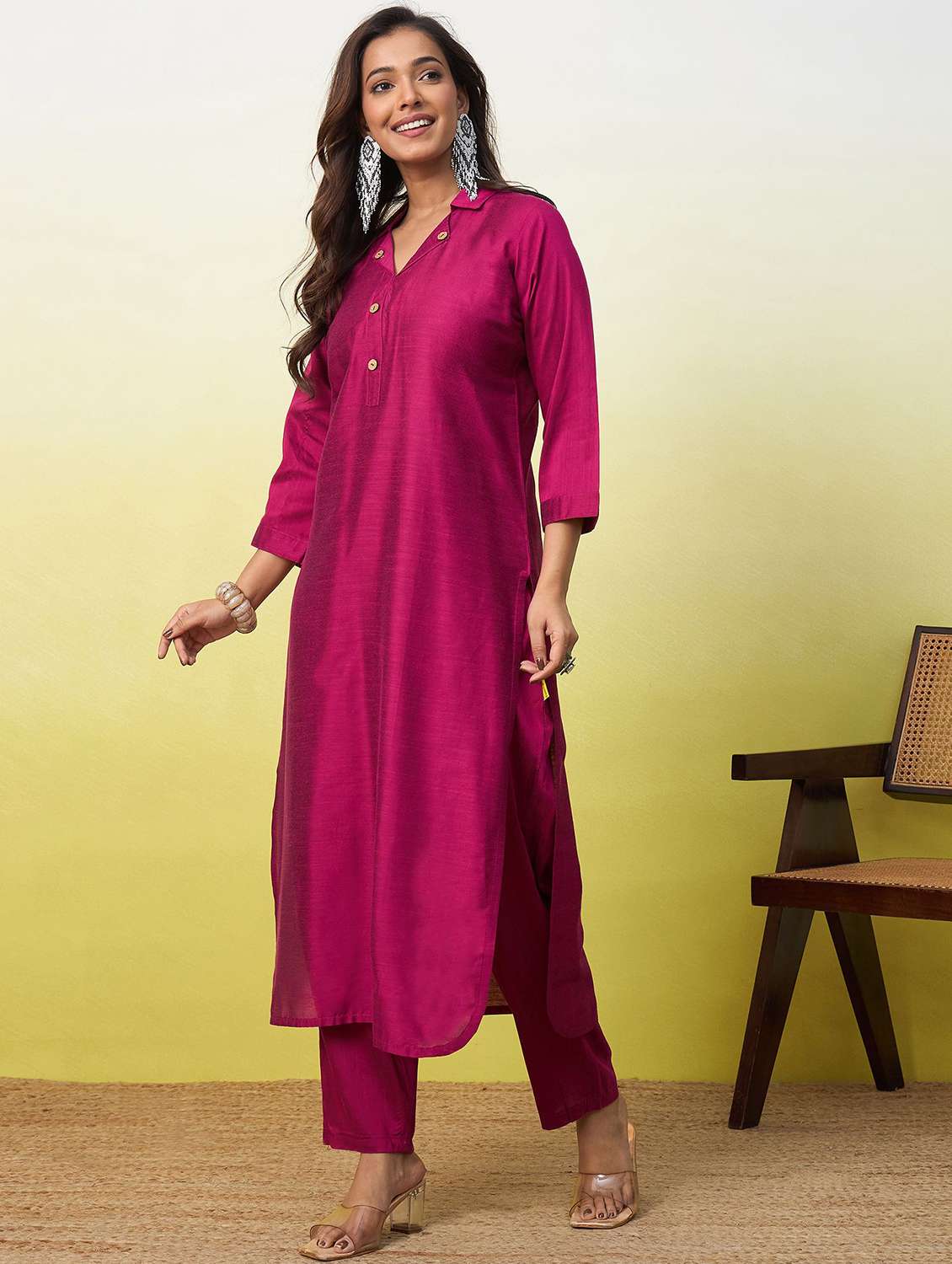 women solid three quarter sleeve kurta pant set - 22639754 -  Standard Image - 2