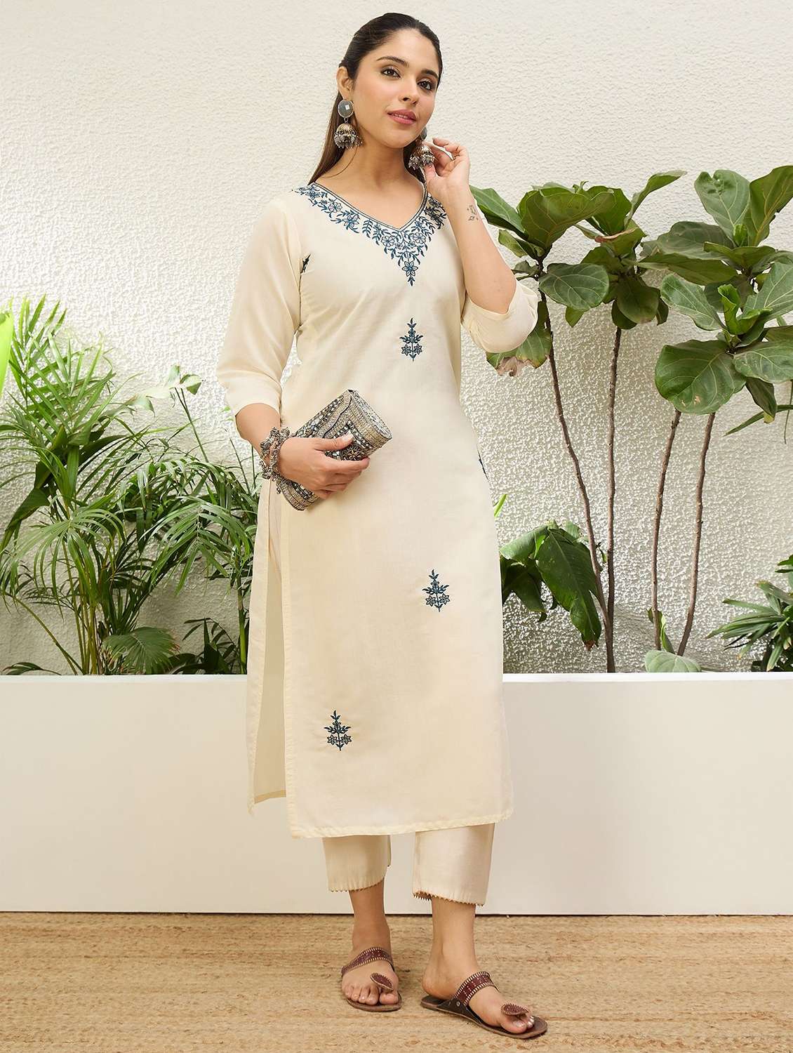women solid with work three quarter sleeve straight kurta - 22639755 -  Standard Image - 2