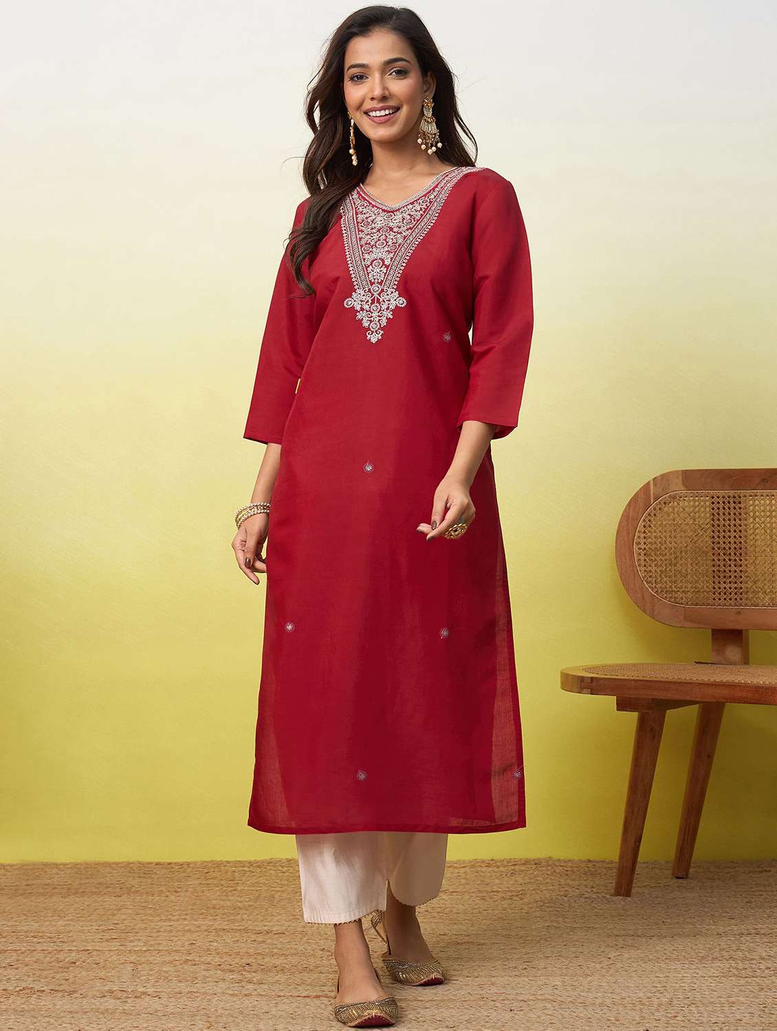 women solid with work three quarter sleeve straight kurta