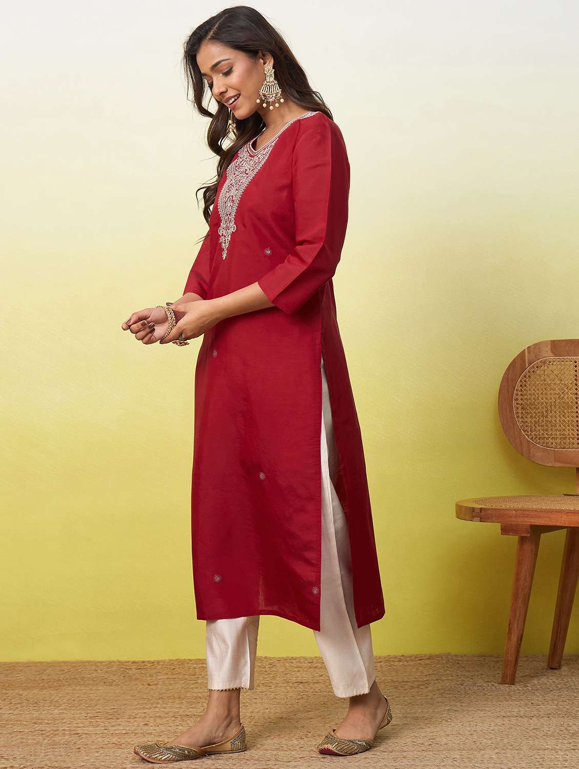 women solid with work three quarter sleeve straight kurta - 22639759 -  Standard Image - 2