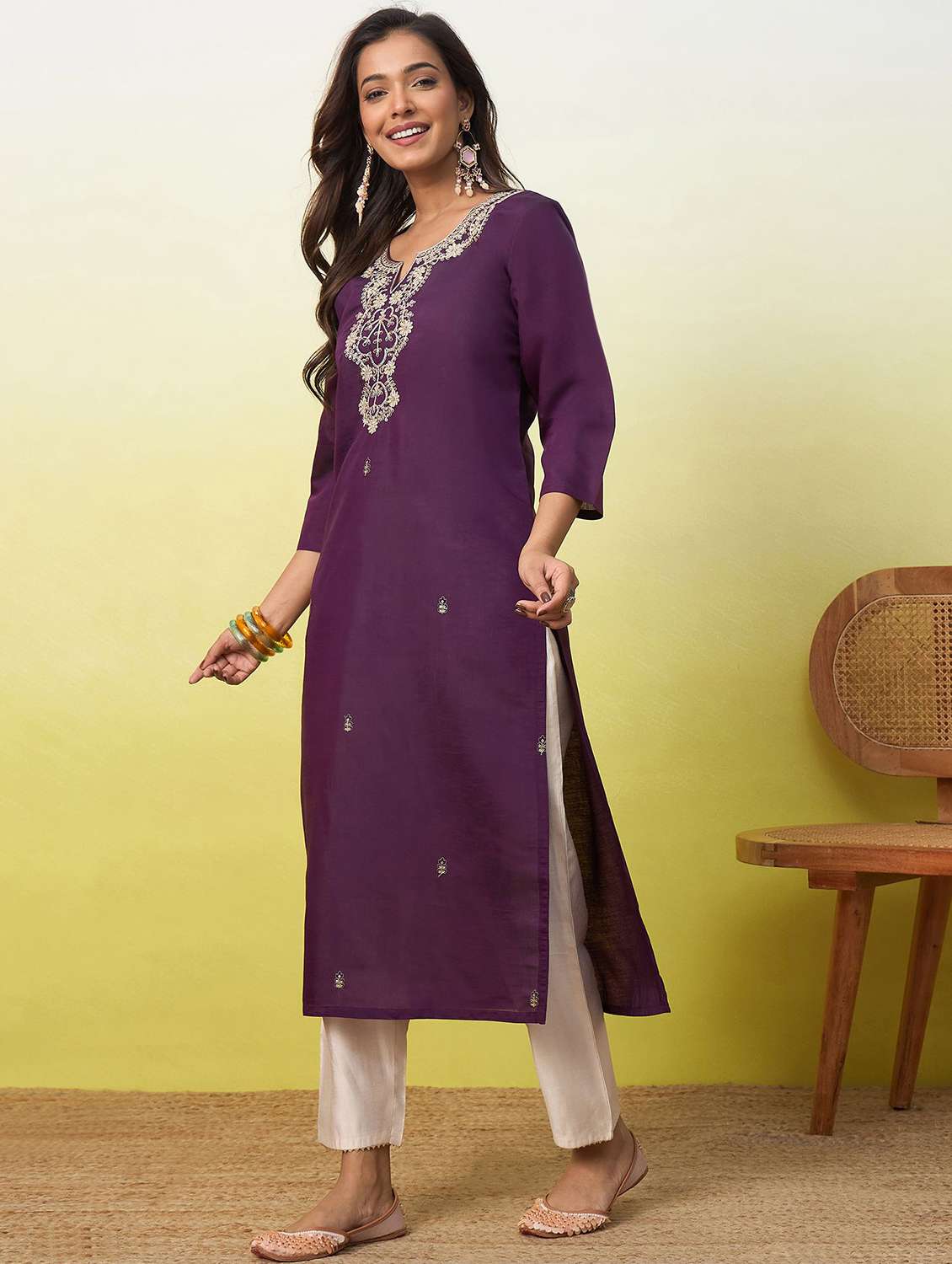 women solid with work three quarter sleeve straight kurta - 22639760 -  Standard Image - 2