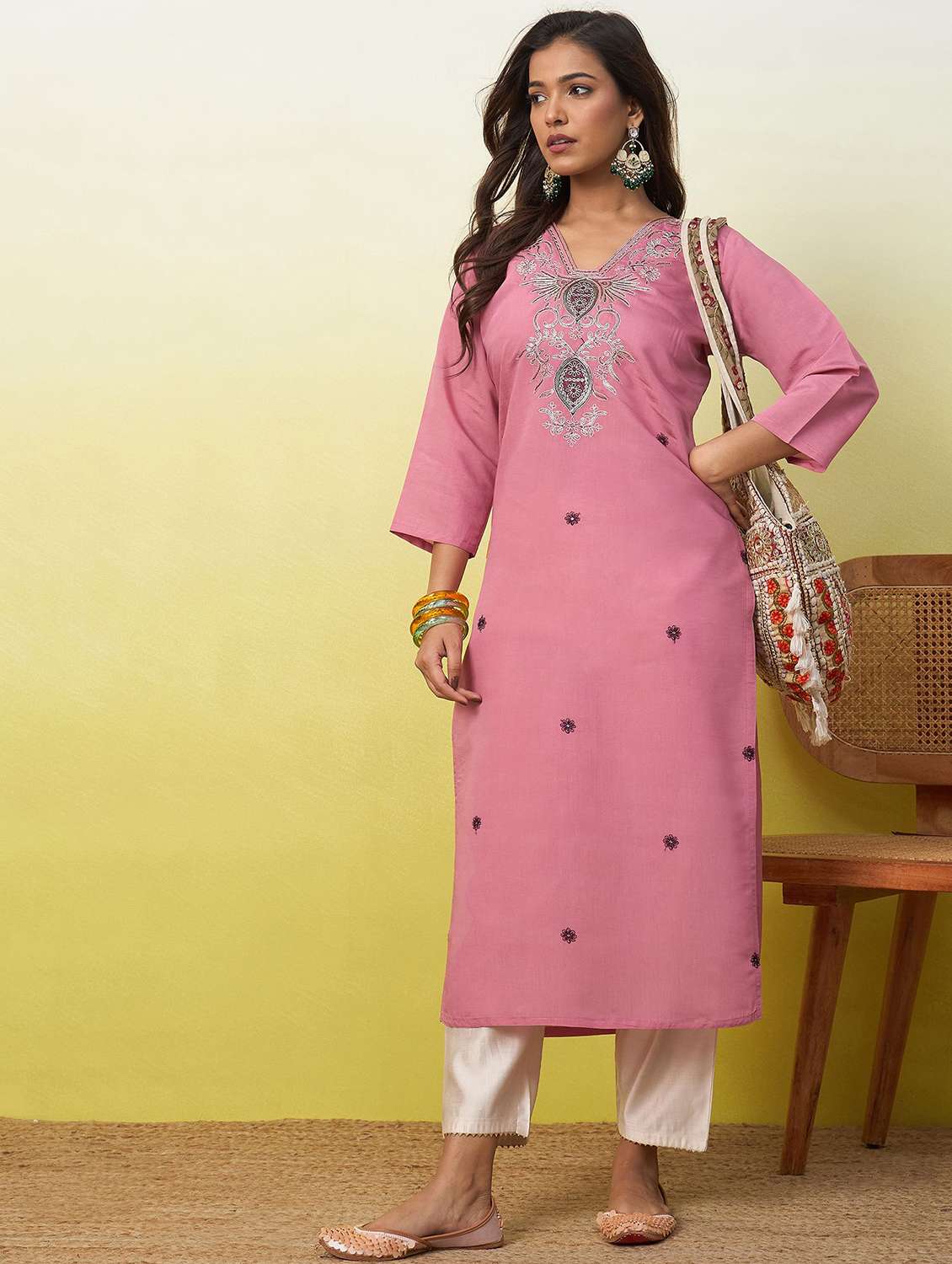 women solid with work three quarter sleeve straight kurta