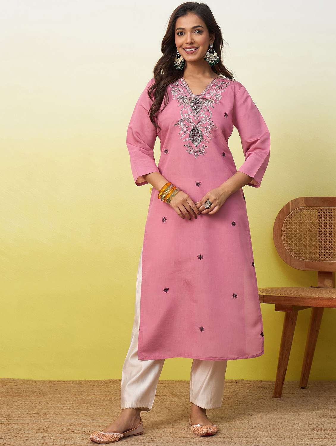 women solid with work three quarter sleeve straight kurta - 22639761 -  Standard Image - 2