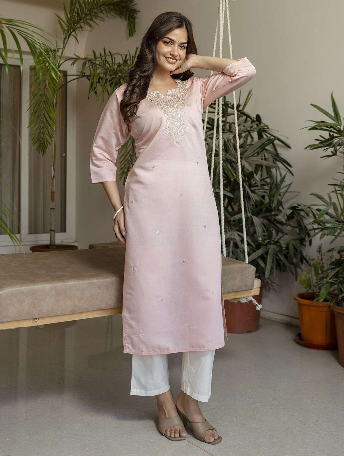 women solid with work three quarter sleeve straight kurta - 22639762 -  Standard Image - 2