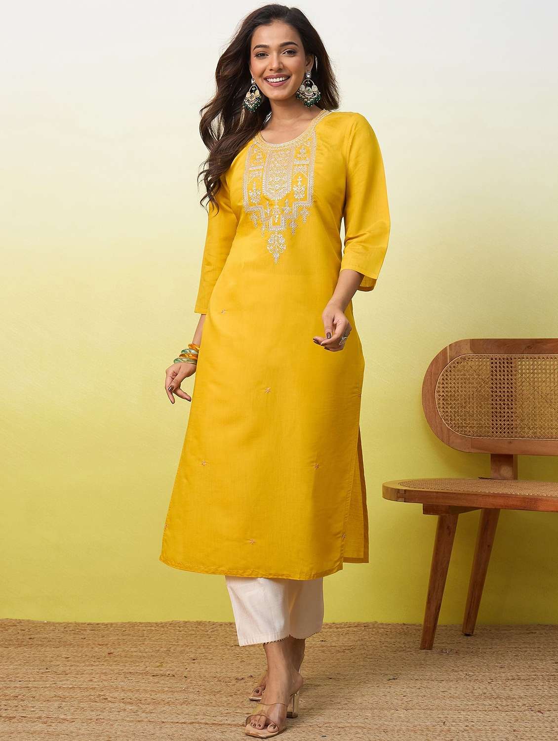 women solid with work three quarter sleeve straight kurta - 22639764 -  Standard Image - 2