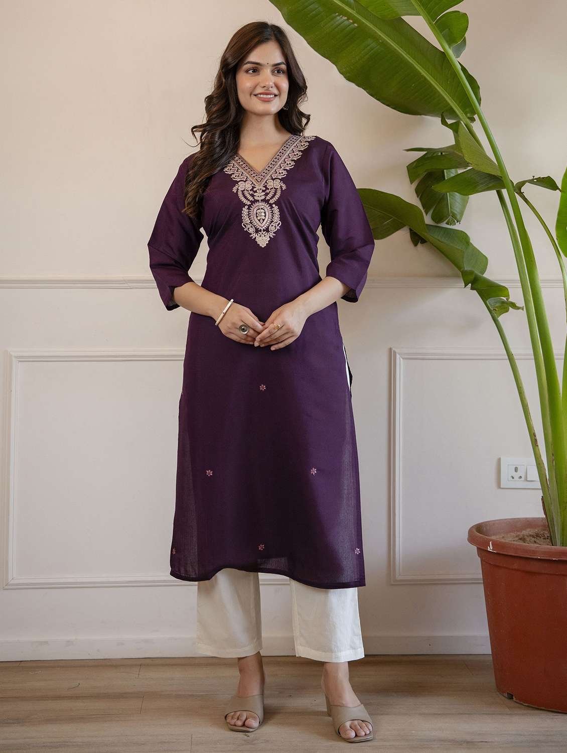 women solid with work three quarter sleeve straight kurta - 22639765 -  Standard Image - 2