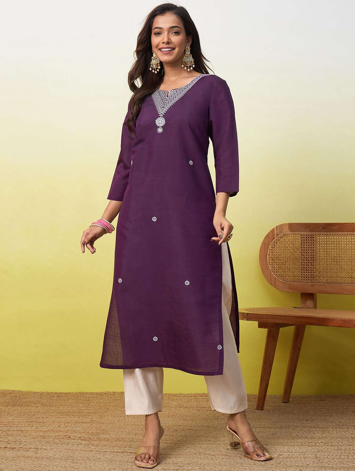 women solid with work three quarter sleeve straight kurta