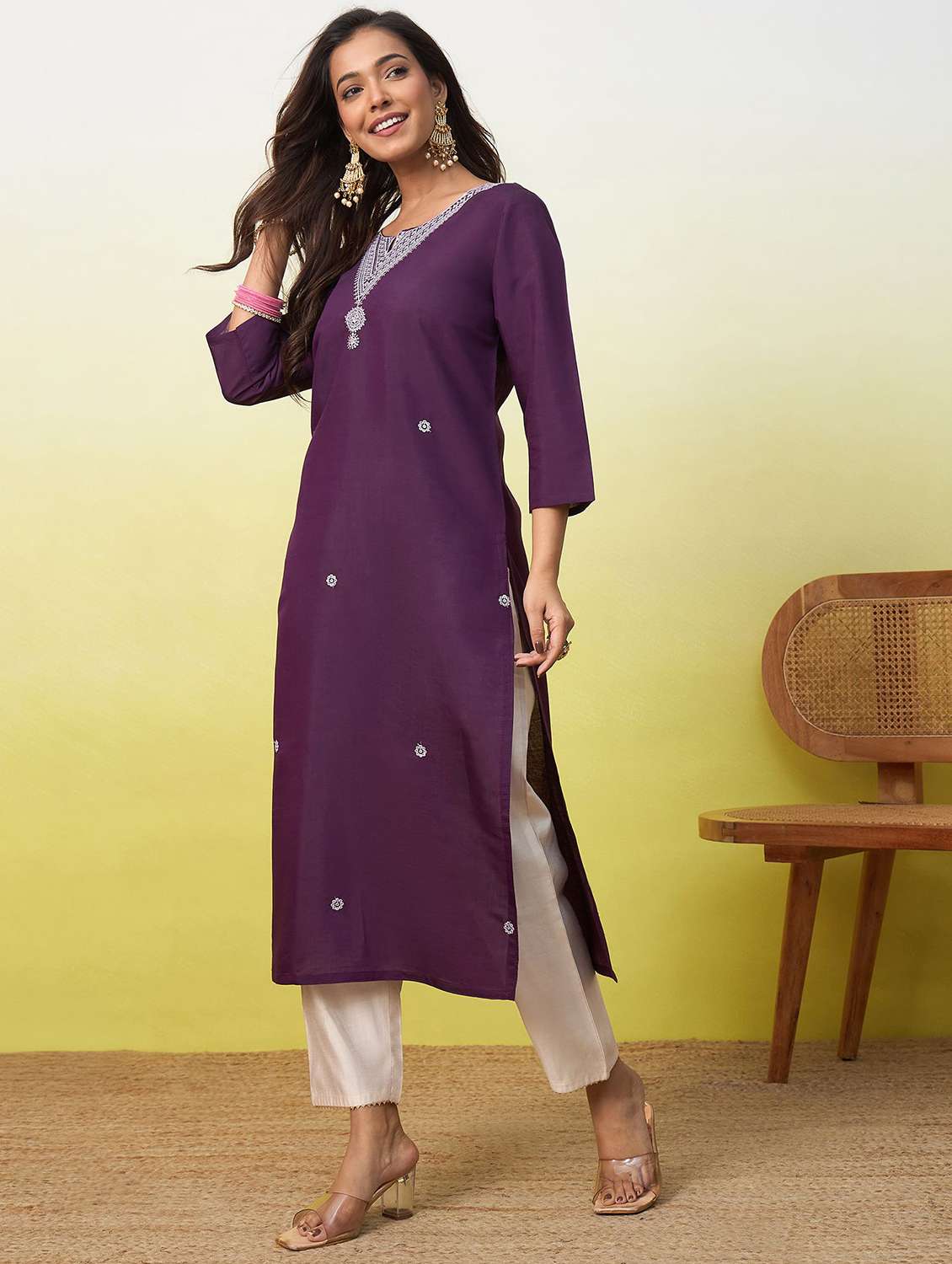 women solid with work three quarter sleeve straight kurta - 22639768 -  Standard Image - 2
