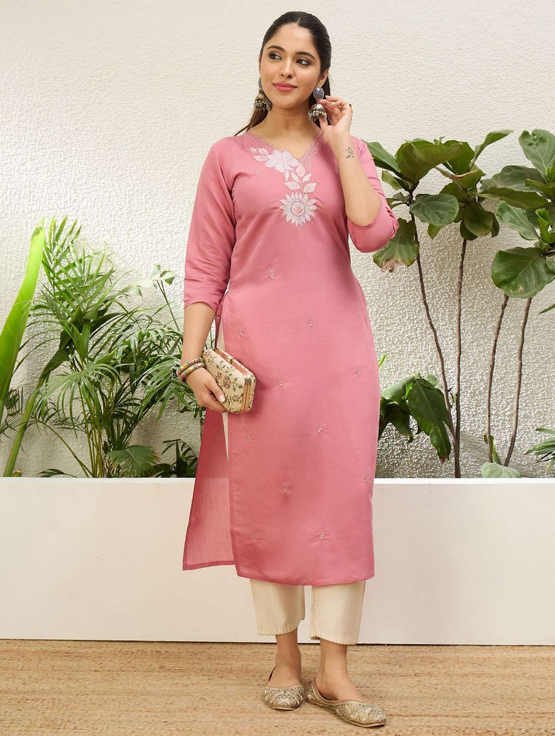 women solid with work three quarter sleeve straight kurta - 22639769 -  Standard Image - 2