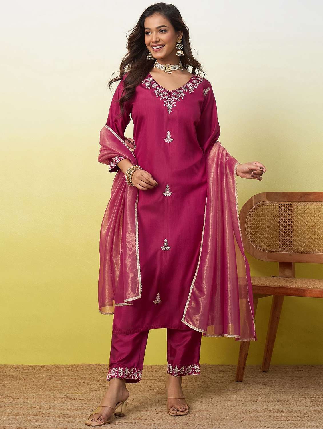 women embroidered three quarter sleeves kurta pant set with dupatta