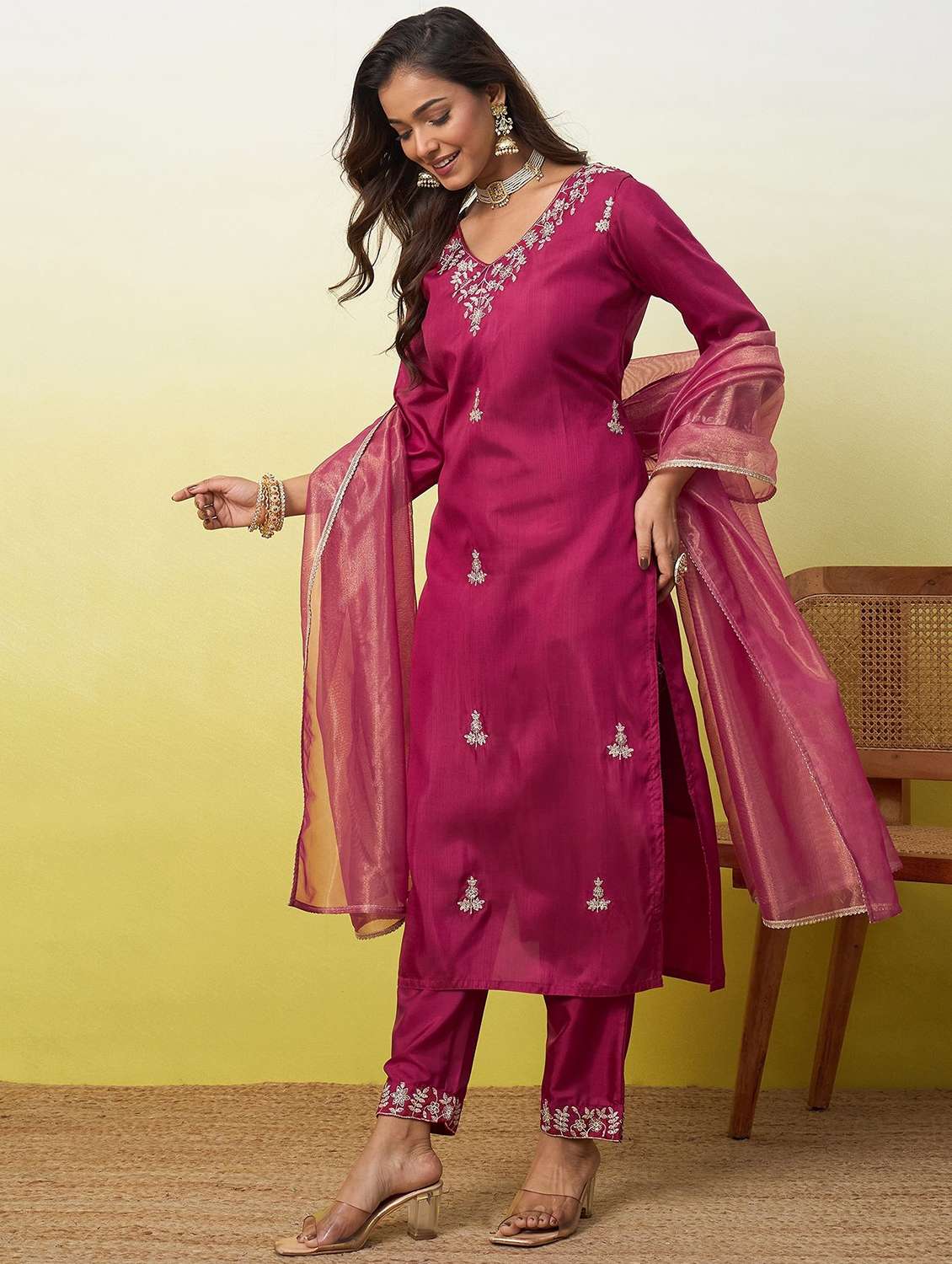 women embroidered three quarter sleeves kurta pant set with dupatta - 22639802 -  Standard Image - 2