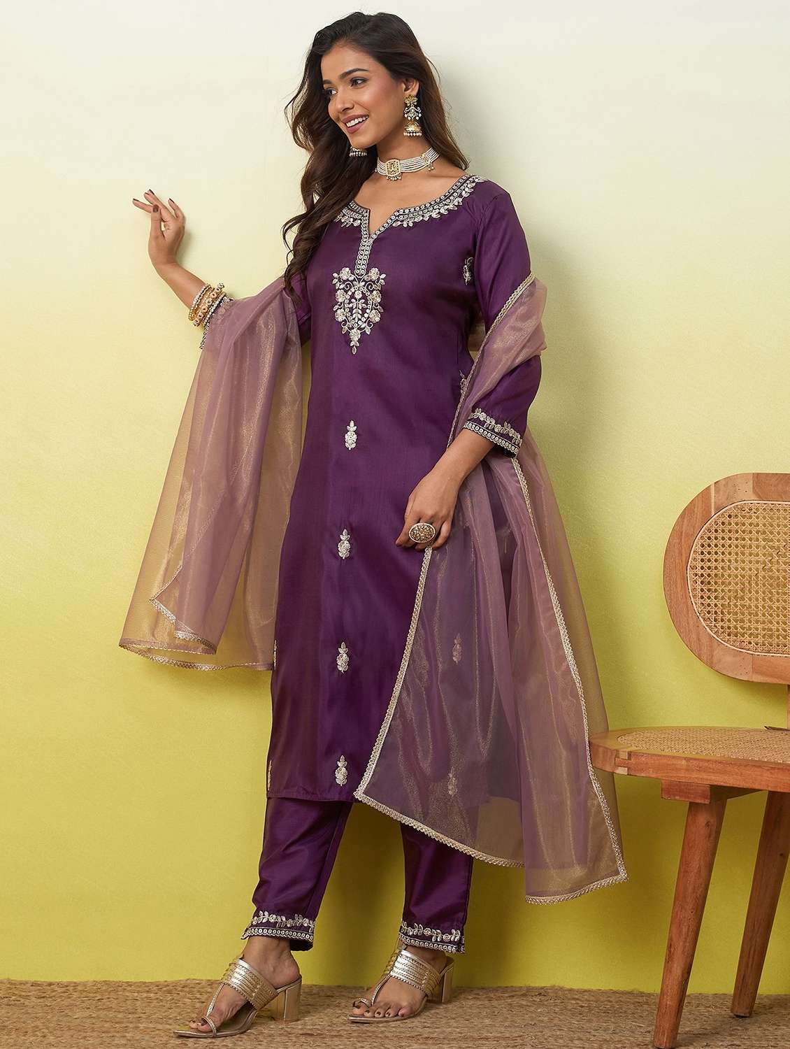 women embroidered three quarter sleeves kurta pant set with dupatta - 22639809 -  Standard Image - 2