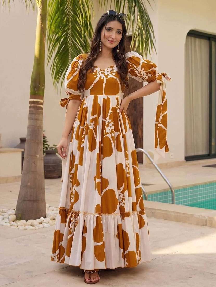 women printed puff sleeves tiered dress - 22640386 -  Standard Image - 2