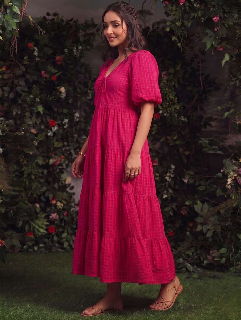 women self design puff sleeves tiered dress - 22640387 -  Standard Image - 2