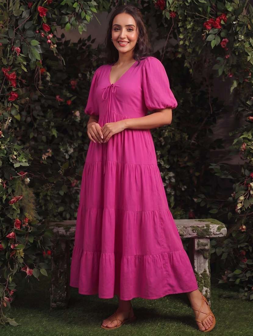 women solid puff sleeves tiered dress - 22640388 -  Standard Image - 2