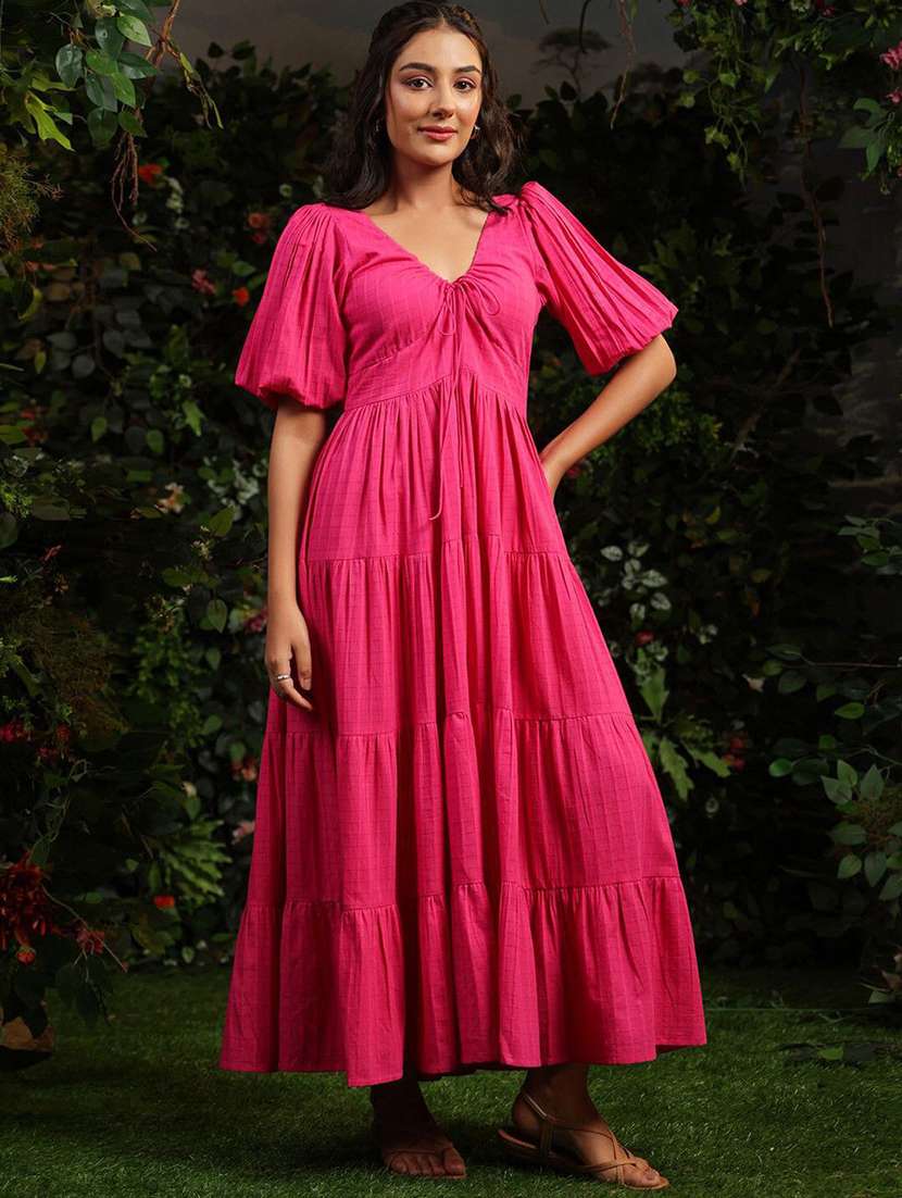 women self design puff sleeves tiered dress - 22640389 -  Standard Image - 2