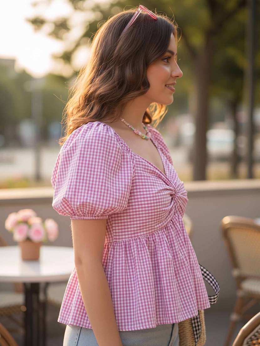 women checkered puff sleeves peplum top - 22640390 -  Standard Image - 2