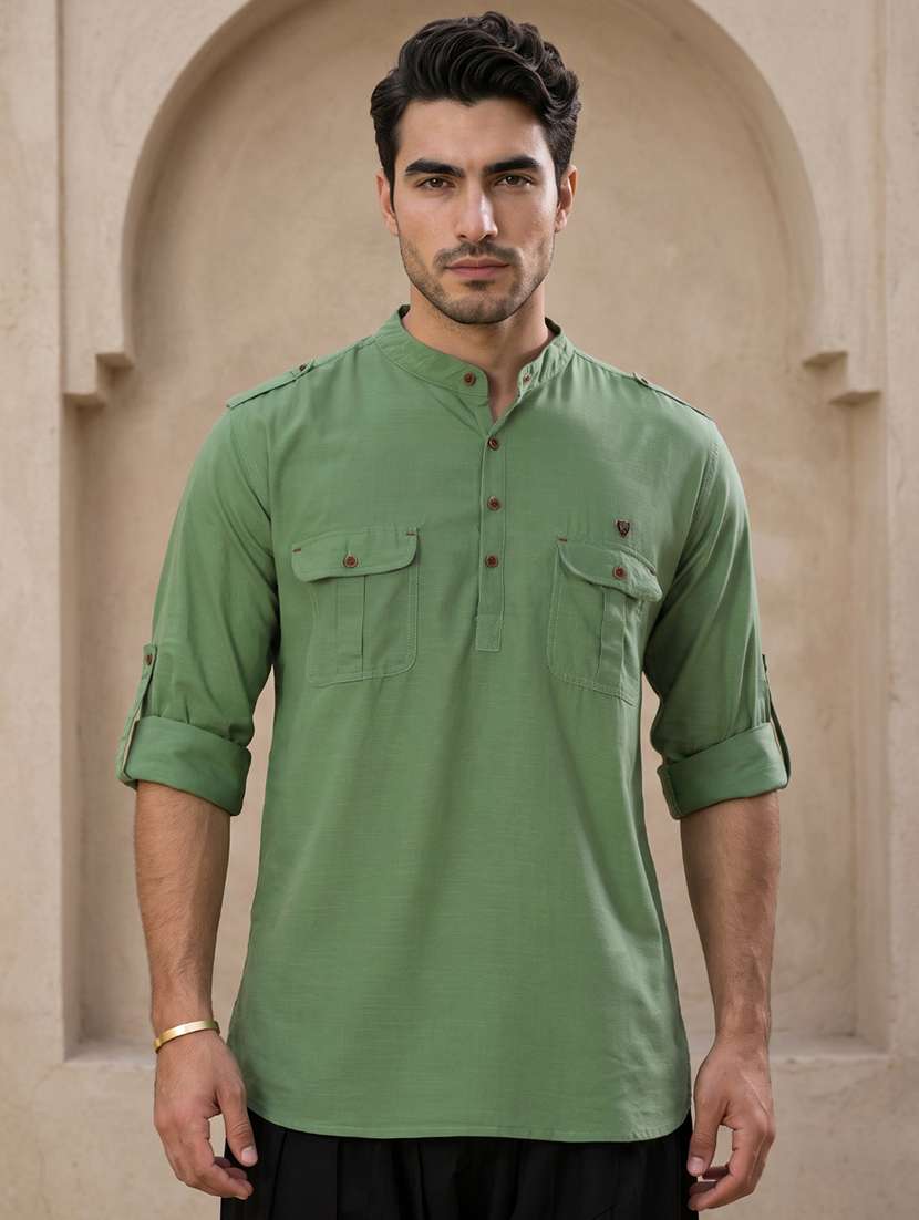 men solid mandarin neck pathani short kurta