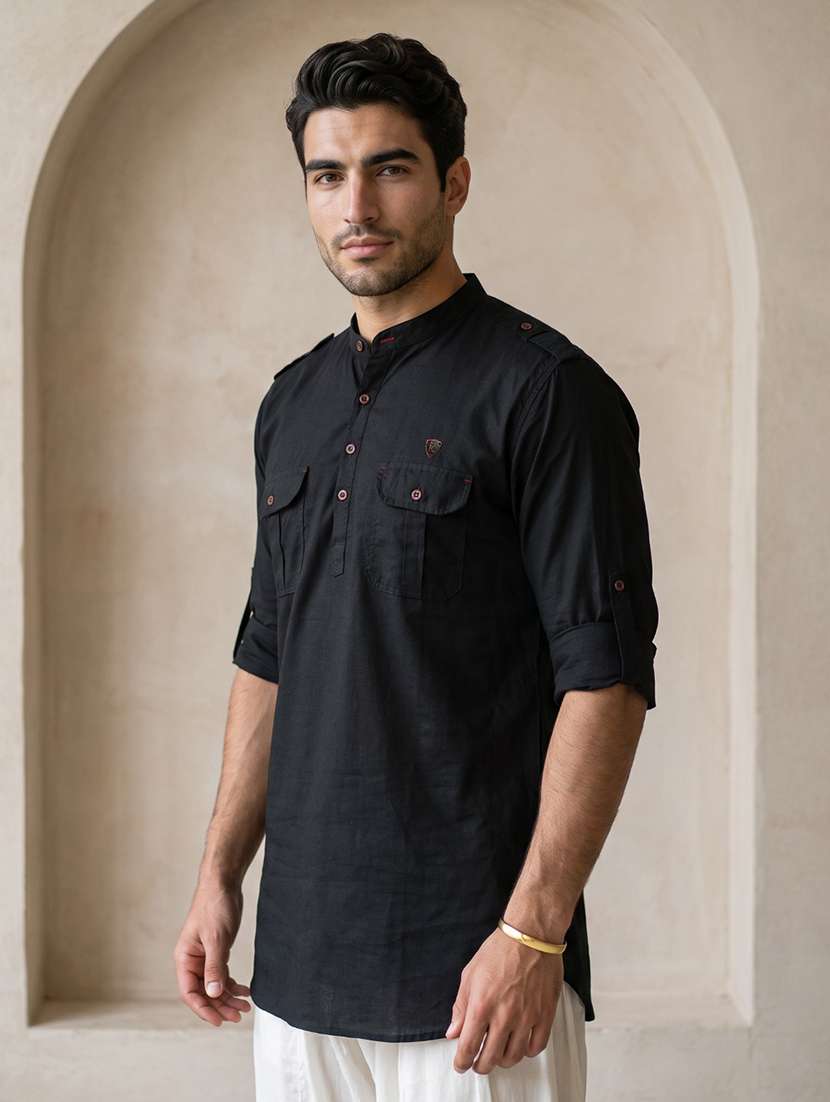 men solid mandarin neck pathani short kurta
